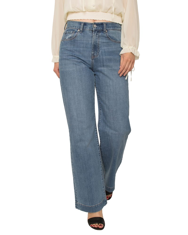 Front of a model wearing a size 14 Makenna High Waist Straight Leg Jean in 3216 Whisker by Standards & Practices. | dia_product_style_image_id:276199